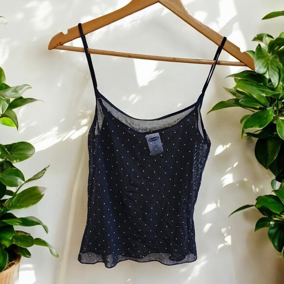 Old Navy Tops - Vintage Old Navy Y2K Cami Sheer Polka Dot Crop Black Cami Top Size Small